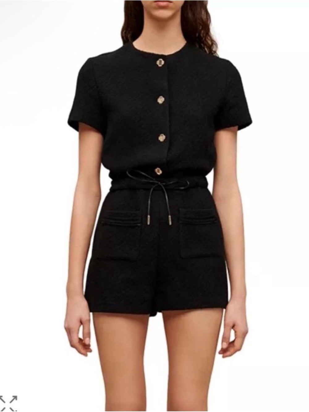 Maje Black Tweed High-Waist Drawstring Shorts
